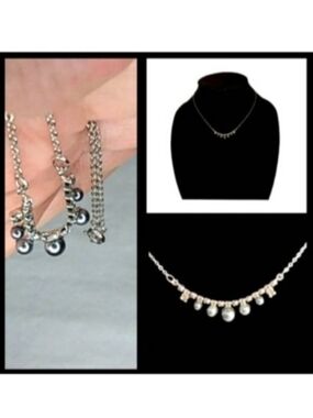 Vintage 8" Faux Gray Pearl & Crystal Necklace | EUC |  Silver-Toned